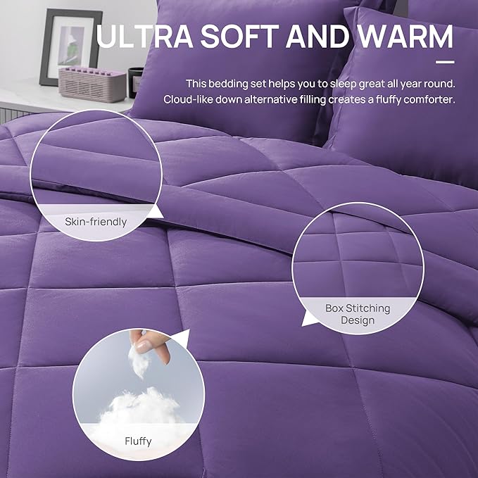 Love's cabin King Size Comforter Set Purple, 7 Pieces King Bed in a Bag, All Season Bedding Sets with 1 Comforter, 1 Flat Sheet, 1 Fitted Sheet, 2 Pillowcase and 2 Pillow Sham