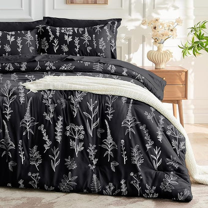 MUXHOMO Black Twin Comforter Set, Elegant Floral Print Bed in a Bag 5 Pieces, Ultra Soft & Breathable Reversible Botanical Pattern Bedding Set with Comforter, Sheets, Pillowcase, and Sham