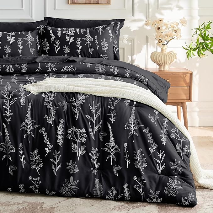 MUXHOMO Black King Comforter Set, Elegant Floral Print Bed in a Bag 7 Pieces, Ultra Soft & Breathable Reversible Botanical Pattern Bedding Set with Comforter, Sheets, Pillowcases, and Shams