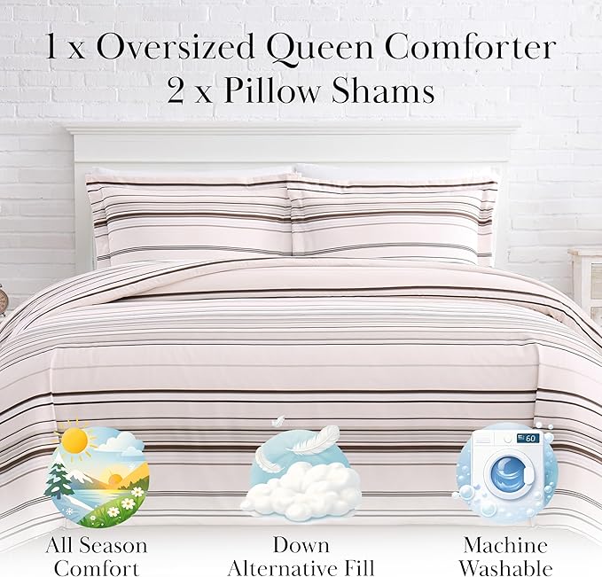 Southshore Fine Living, Inc. 3-Piece Full/Queen Size Comforter Set, Down Alternative All-Season Striped Comforter with 2 Shams, Soft Microfiber Bed Spread for Full or Queen Bed, Coastal Stripes Taupe