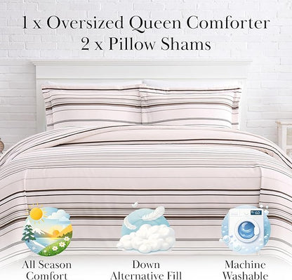Southshore Fine Living, Inc. 3-Piece Full/Queen Size Comforter Set, Down Alternative All-Season Striped Comforter with 2 Shams, Soft Microfiber Bed Spread for Full or Queen Bed, Coastal Stripes Taupe