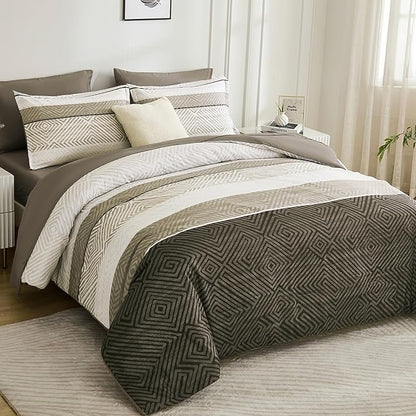 Drucon Brown Comforter Set Full Size 7 Piece Bed in a Bag, Boho Striped Bedding Set, Soft Microfiber Comforter and Sheet Set for All Season