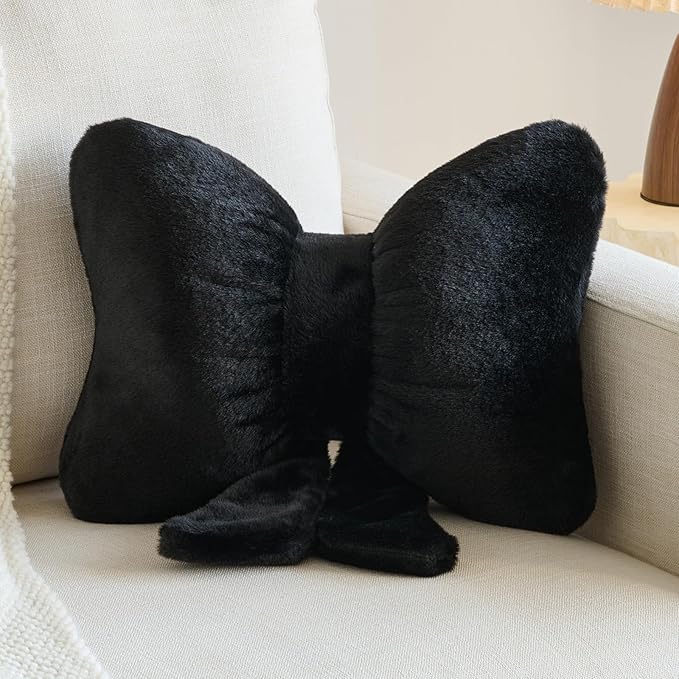 Xuyier Bow Pillows, Bow Shaped Decorative Throw Pillows for Couch Bed, Aesthetic Cute Home Decor Accent Pillows (Black, Large-16 Inches)