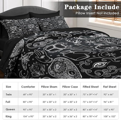 Comforter Set Queen Size, Medieval Retro Halloween 7 Pcs Bedding for Kids and Adults, Gothic Vintage Bed Sheet Sets with Fitted Sheet 2 Pillowcases & 2 Shams for Bedroom Bed Decor