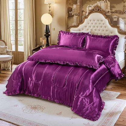 Purple King Comforter Silk Like Bedding 4 Pcs Hotel Soft Polyester Satin Bed Set Luxury Silky Body Pillow Cover Ruffle Home Decor
