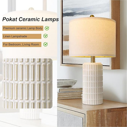 PoKat 20.75" Small Modern Ceramic Table Lamps Set of 2 for Bedroom, White Bedside Lamps for Night Stands, Farmhouse Desk Decor Gift Nightstand Table Lamps for Living Room End Table Beige