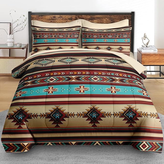 Comforter Set Full Size, African Tribal Ethnic 7 Pcs Bedding for Kids and Adults, Mexican Moroccan Aztec Bed Sheet Sets with Fitted Sheet 2 Pillowcases & 2 Shams for Bedroom Bed Decor