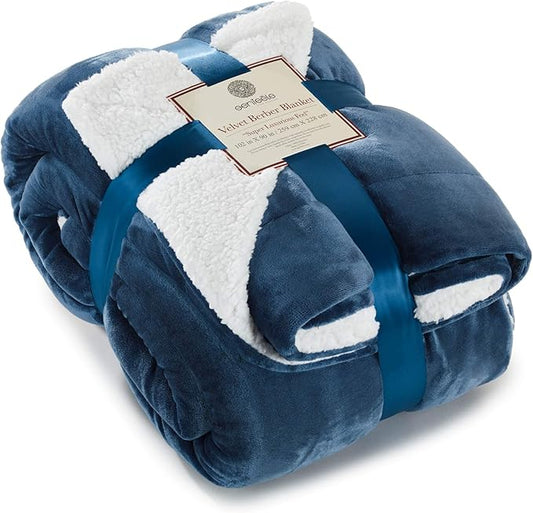 Genteele Sherpa Throw Blanket Super Soft Reversible Ultra Luxurious Plush Blanket, 102 x 90 inches, Navy/White