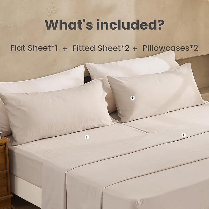 Simple&Opulence Belgian Linen Sheet Set Solid Color - 5 Pieces (1 Flat Sheet, 2 Fitted Sheets & 2 Pillowcases) Natural Flax Cotton Blend Soft Breathable Farmhouse Bedding - Split King Size, Linen