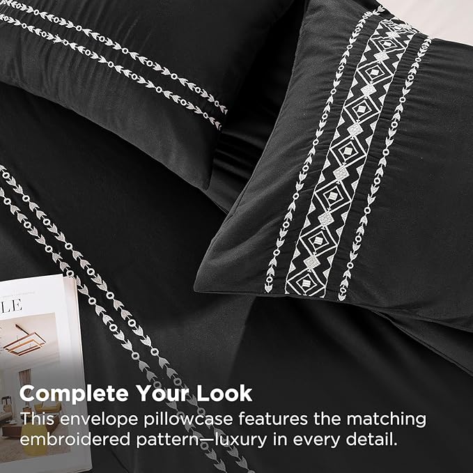 Embroidered Boho Comforter Set Full Size, 3-Piece Western Shabby Chic Bedding Set - Fluffy Ultra Soft Microfiber with Intricate Design, Includes Comforter & 2 Pillowcases, Black(82"x86")