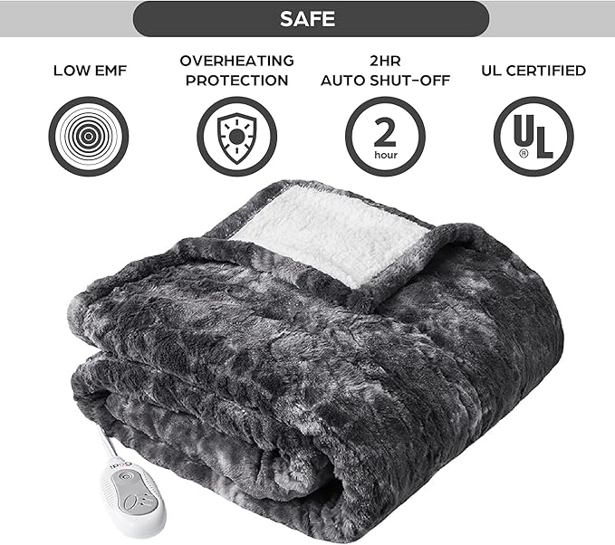 Codi Soft Oversize Heated Throw Blanket, Marble Grey Faux Fur with Fuzzy Sherpa Back | 60 x 70 Oversized Electric Throws for Couch | 3 Heat Setting with 2H Auto Shut Off, 6ft Power Cord | Washable