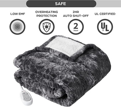Codi Soft Oversize Heated Throw Blanket, Marble Grey Faux Fur with Fuzzy Sherpa Back | 60 x 70 Oversized Electric Throws for Couch | 3 Heat Setting with 2H Auto Shut Off, 6ft Power Cord | Washable