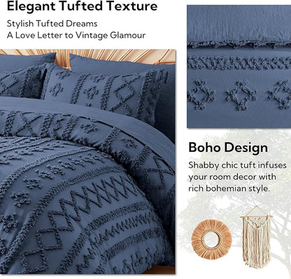 MR&HM Full Size Bed Sheets and Comforter Set Navy Blue, 7 Pieces Tufted Boho Beddding Sets, Farmhouse Style Bed in a Bag with 1 Comforter, 2 Pillow Shams, 2 Pillowcases, 1 Flat Sheet, 1 Fitted Sheet