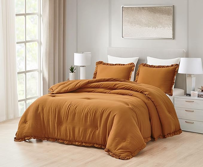 Chezmoi Collection Nora Spice Orange Comforter Set King Size 3-Piece Fluffy Soft Stone-Washed Ruffled Shabby Chic Bedding for All Season