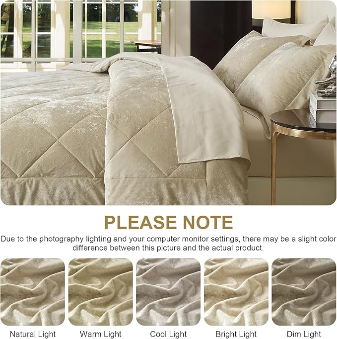 Ivellow Queen Comforter Set 7 Pieces Bed in a Bag Crushed Velvet Comforter Set Flannel Queen Beige Comforter Ultra Soft Breathable Luxury Soft Warm Winter Bedding Set with Sheets, Pillowcases & Shams