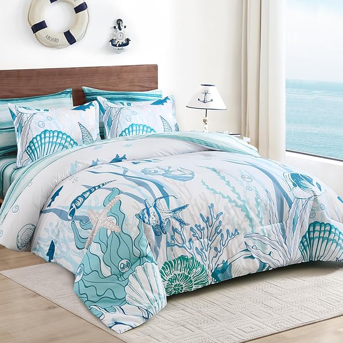 WONGS BEDDING Coastal King Size Comforter,7 Pieces Beach Nautical Themed Bed in a Bag Bedding Set,Ocean Coral Seashell Pattern Soft Warm Comforters for All Season, 104"x90"