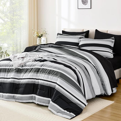 WONGS BEDDING Queen Size Comforter 7 Pieces, Black Queen Comforter Set with Sheets, Boho Striped Bed in a Bag Soft Micorfiber Bedding Set for All Seaon (90"×90")