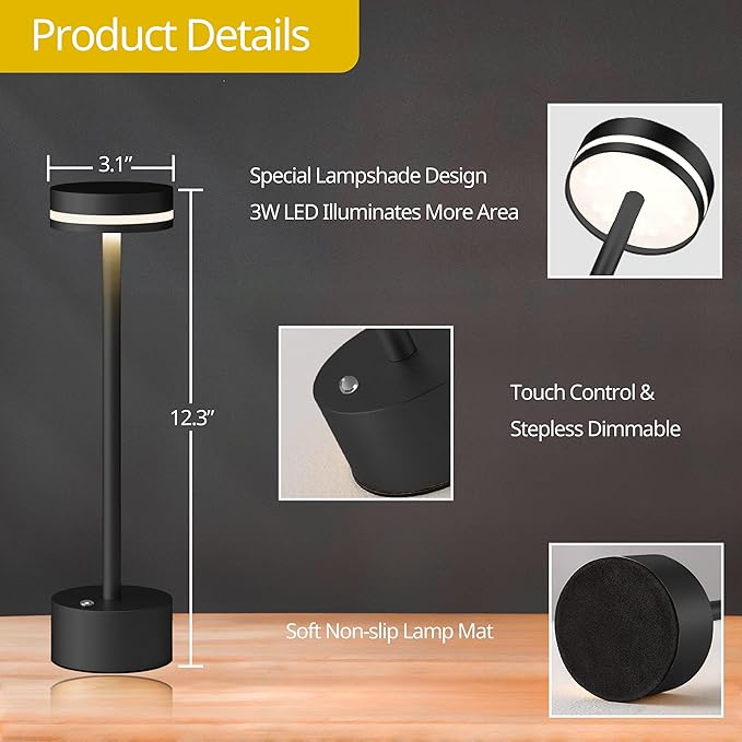 Cordless Table Lamp, Portable Rechargeable Bedside Lamp, Touch Stepless Dimmable Desk Lamp, for Home Bedroom Hotel Restaurant Bar Outdoor, 2 Set, Black