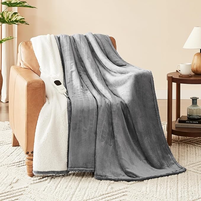 Homemate Electric Heated Blanket Twin Size - 62"x84" Heating Blanket Twin Size 1/2/4/6/8 Hours Auto-Off 10 Heat Level Over-Heat Protection Flannel Sherpa ETL Certification