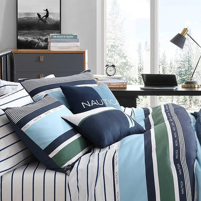 Nautica - King Comforter Set, Soft Woven Bedding with a Lightweight for Year Round Comfort, 5 Piece Bed Set with Matching Pillowcases & Bonus Throw Pillows (Elliot Blue)