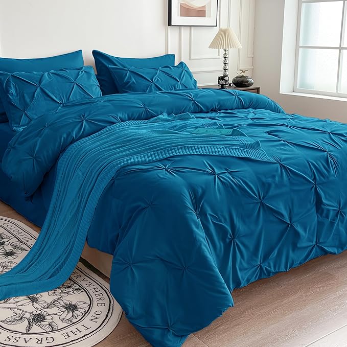 Maple&Stone Queen Teal Comforter Set 7 Pieces Pinch Pleat Bed in A Bag, Flat Sheet, Fitted Sheet, Pillowcases, Pillow Shams, Comforter
