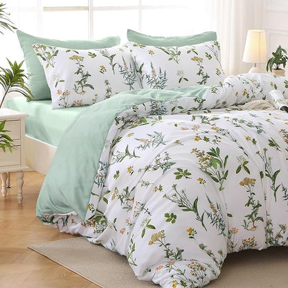 MUXHOMO Bed in a Bag Queen 7 Pieces, Queen Comforter Set Reversible Green Botanical Flowers Design, Ultra Soft & Breathable Bedding Sets with Comforter, Sheets, Pillowcases & Shams