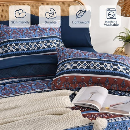 Comforter Set King Size Boho,7 Pieces Bohemian Bedding Comforter Set Striped Bed in a Bag,Navy Blue Paisley Floral Comfortet and Sheet Set,Soft Microfiber Bedding Sets for All Season
