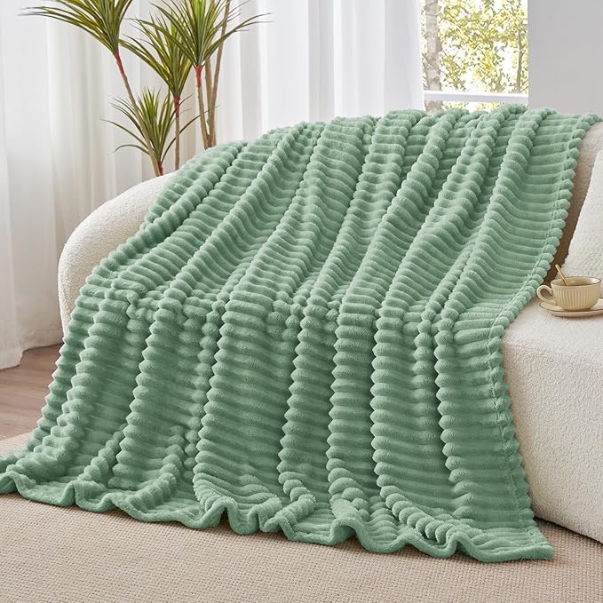 BEDELITE Fleece Throw Blanket for Couch - 300GSM Soft & Warm Fluffy Green Blanket, Decorative and Giftable Striped Blankets for Women, Men, 50"x60"