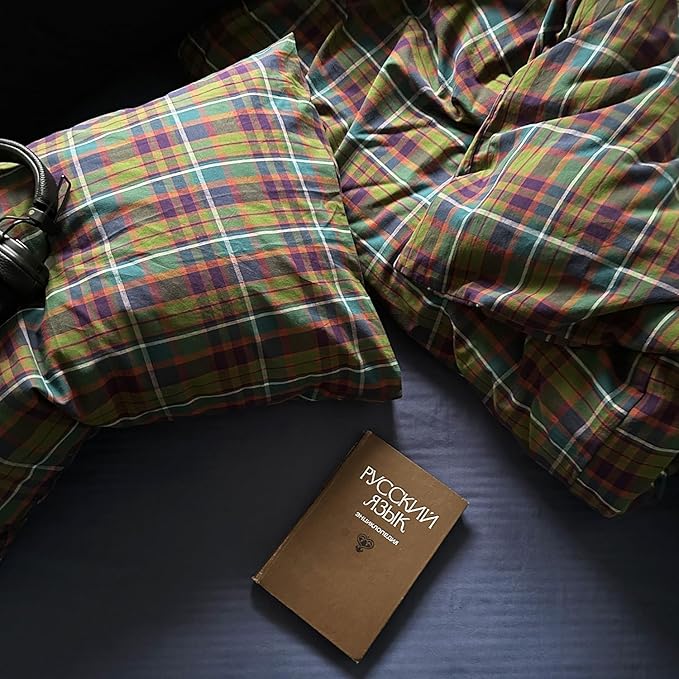 mixinni Vintage Multicolor Gingham Comforter Set Twin XL Size - 100% Washed Cotton 3-Piece Retro Plaid Pattern Bedding Set (1 Comforter + 2 Pillowcases), All-Season Lightweight & Breathable