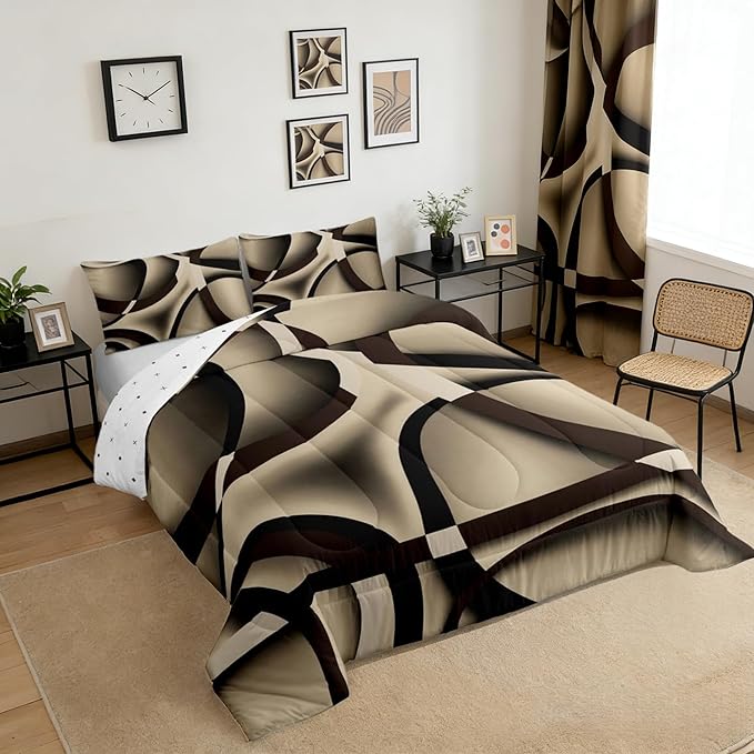 Castle Fairy Black Brown Khaki Abstract Stripes Full Size Comforter Set Geometric Circle Bedding Set for Kids Adults Teens Modern Retro Comforter Luxury Geometric Quilt Set Room Decor 3Pcs