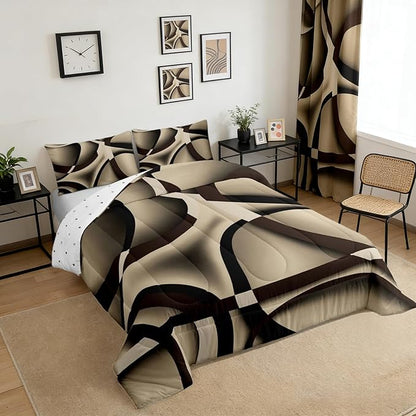 Castle Fairy Black Brown Khaki Abstract Stripes Full Size Comforter Set Geometric Circle Bedding Set for Kids Adults Teens Modern Retro Comforter Luxury Geometric Quilt Set Room Decor 3Pcs