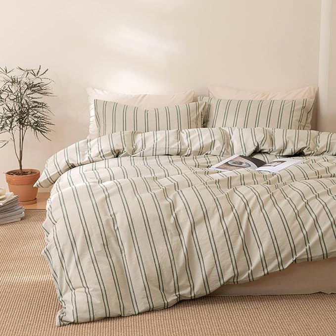 VM VOUGEMARKET Greyish-Green Striped Comforter Set Queen Modern Comforter with 2 Pillowcases Soft Lightweight Washed Cotton Bedding Set Bed in a Bag Queen Comforter Set for Teens Adults