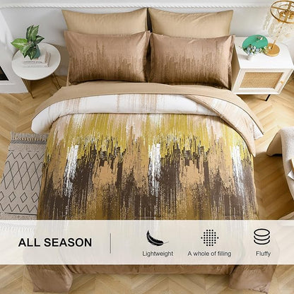 WONGS BEDDING Brown Comforter Set King, 7 Pieces Bed in a Bag Colorful Abstract Art Gradient Comforter Soft Microfiber Bedding with Comforter, Flat Sheet, Fitted Sheet, Pillow Shams, Pillowcases