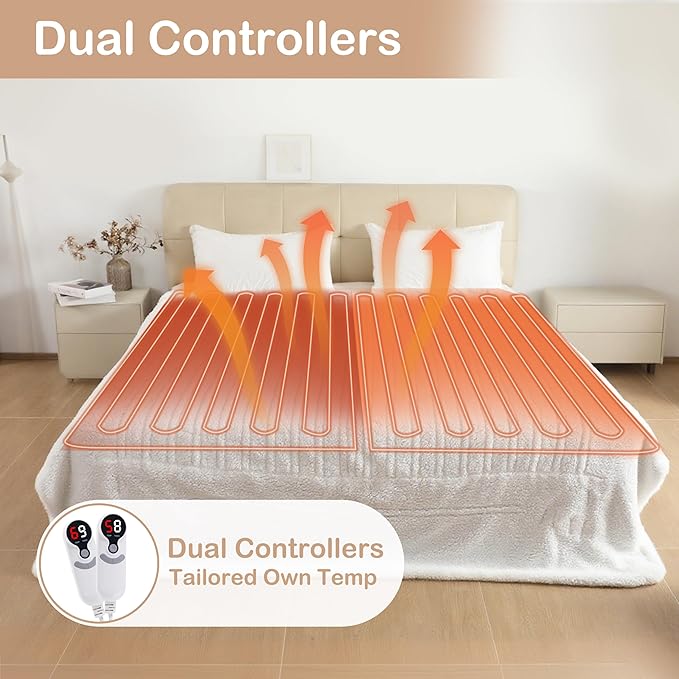Electric Heated Blanket Queen Size 84"×90" Dual Control, 9 Heating Settings & 1-10Hs Auto Off, Overheat Protect, Double-Sided Plush Sherpa, for Couch & Bed, Machine Washable White