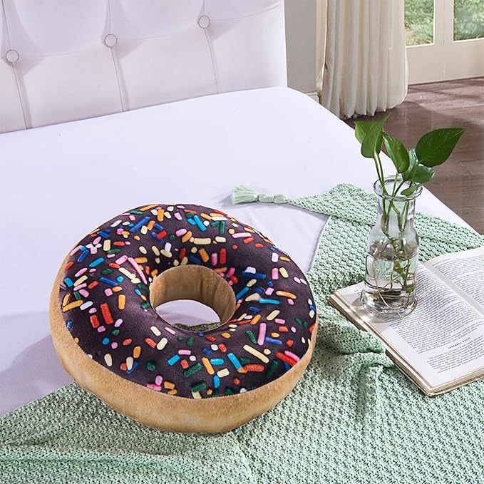 HYSEAS Round Throw Pillow 14 Inch Chocolate Donut, 3D Digital Print Decorative Comfortable Soft Plush Funny Food Shaped Pillow Light Weight Seat Pad Cushion for Couch, Chair, Floor, Sofa, 2 Pack