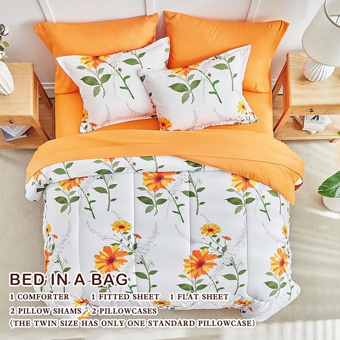 Joyreap 7 Piece Bed in a Bag King, Floral Comforter Sheet Set, Orange n Yellow Flowers on White Design, All Season Microfiber Bedding Comforter Set