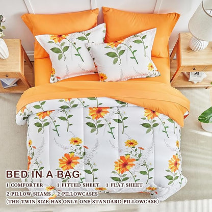 Joyreap 7 Piece Bed in a Bag King, Floral Comforter Sheet Set, Orange n Yellow Flowers on White Design, All Season Microfiber Bedding Comforter Set