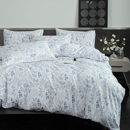 King Comforter Set Floral 3 Pieces Soft Cute Flower Bedding Comforter Sets Garden Style Blue Flower Print Botanical Comforter King for All Seasons 1 Comforter and 2 Pillowcases