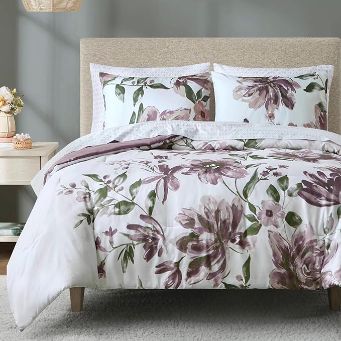 Madison Park Queen Comforter Set with Sheets, Floral Print, Microfiber Comforter for a Queen-Size Bed, Shabby Chic Bed in a Bag Set Diamond Printed Sheet, Alice, Queen Mauve 7 Piece