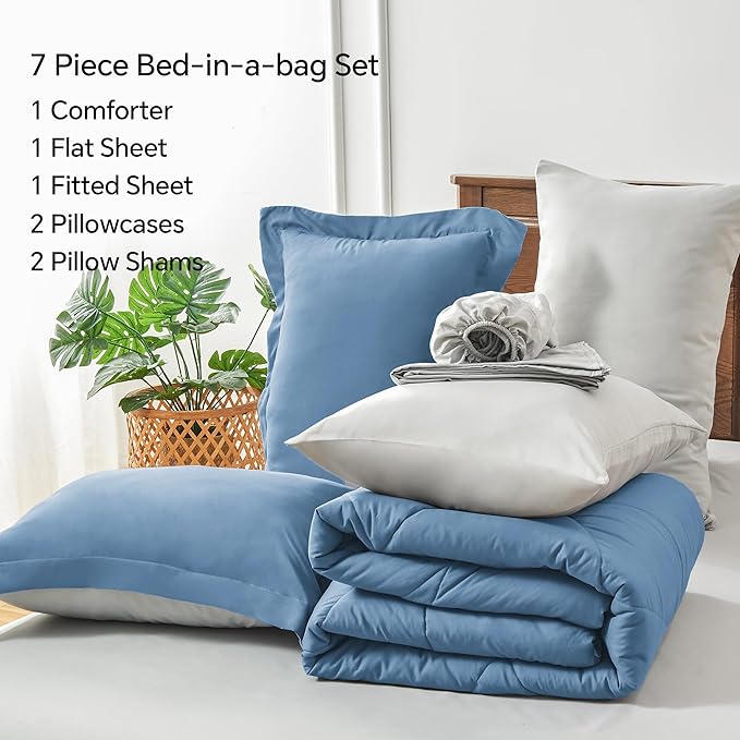 BEDELITE Full Comforter Set 7 Pieces Bed in A Bag - Soft Microfiber Reversible Blue Bed Set with Comforters, Sheets, Pillowcases & Shams, Cozy Luxury Bedding Sets for All Season