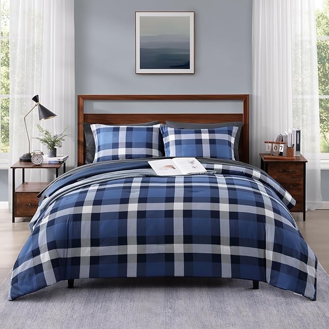 MaiRêve Twin XL Plaid Comforter Set Indigo Blue, Classic Checkered 5 Pieces Bedding Set for Boys Girls Teen, All Season Lightweight Bed in A Bag with Sheets, Pillowcases & Shams
