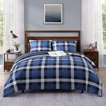 MaiRêve Twin XL Plaid Comforter Set Indigo Blue, Classic Checkered 5 Pieces Bedding Set for Boys Girls Teen, All Season Lightweight Bed in A Bag with Sheets, Pillowcases & Shams