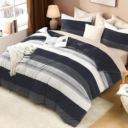 Litanika Fluffy Fleece Queen Comforter Set, Luxury Soft Plush Fuzzy Black Blue Stripe Bedding Comforter Sets, Warm Shaggy Faux Fur Bed Set All Season (1 Comforter, 2 Pillowcases)