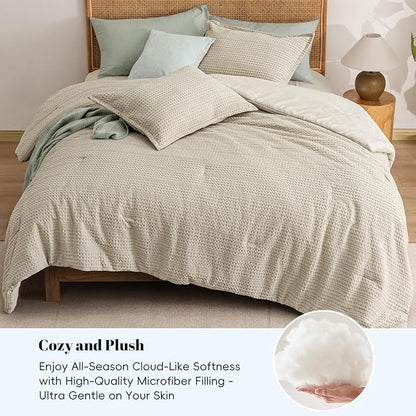PHF Soft Waffle Comforter Set Twin Size- Comfy Breathable Waffle Weave Comforter with 1 Pillow Shams, 2 Pieces Less Snagging Lightweight Textured Bedding Set for All Season, Natural/Linen