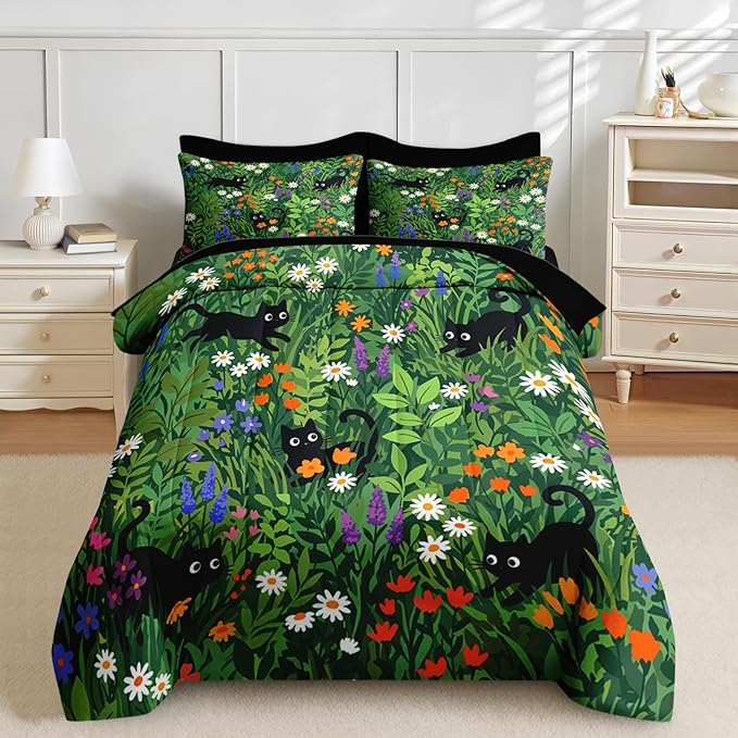 Nesker 7 Pcs Spring Comforter Set King Size, Black Cat Flower Bedding Set for Kids and Adults, Green Garden Bed Sheet Sets with Fitted Sheet 2 Pillowcases & 2 Shams
