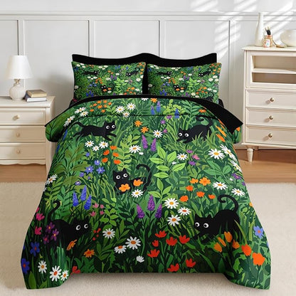 Nesker 7 Pcs Spring Comforter Set King Size, Black Cat Flower Bedding Set for Kids and Adults, Green Garden Bed Sheet Sets with Fitted Sheet 2 Pillowcases & 2 Shams
