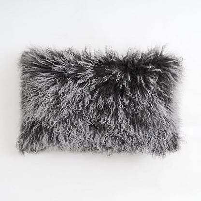 Genuine Mongolian Lamb Fur Pillow Cover – 12"x20" Rectangular Cushion Case – Soft Curly Wool Decorative Accent for Sofa, Bed, or Chair (Frosted Grey)