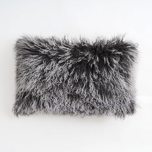 Genuine Mongolian Lamb Fur Pillow Cover – 12"x20" Rectangular Cushion Case – Soft Curly Wool Decorative Accent for Sofa, Bed, or Chair (Frosted Grey)