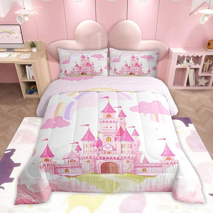 Feelyou Kids Full Pink Castle Comforter Set Boys Princess Rainbow Castle Bedding Set Girls Comforter Fairy Tales Duvet Set Girls Bed Set 3Pcs