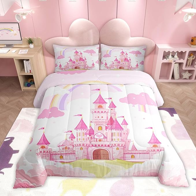 Feelyou Kids Toddler Pink Castle Comforter Set Boys Rainbow Castle Bedding Set Girls Princess Comforter Fairy Tales Duvet Set Girls Bed Set 2Pcs